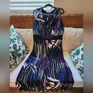 Glamour multi-color long dress with attached belt, size 22W.